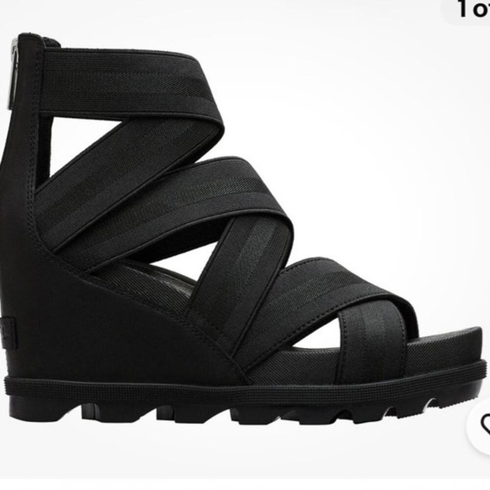 SOREL Women's Joanie II Black Platform Wedge Ankle Strap Rear Zip Sandal  8.5